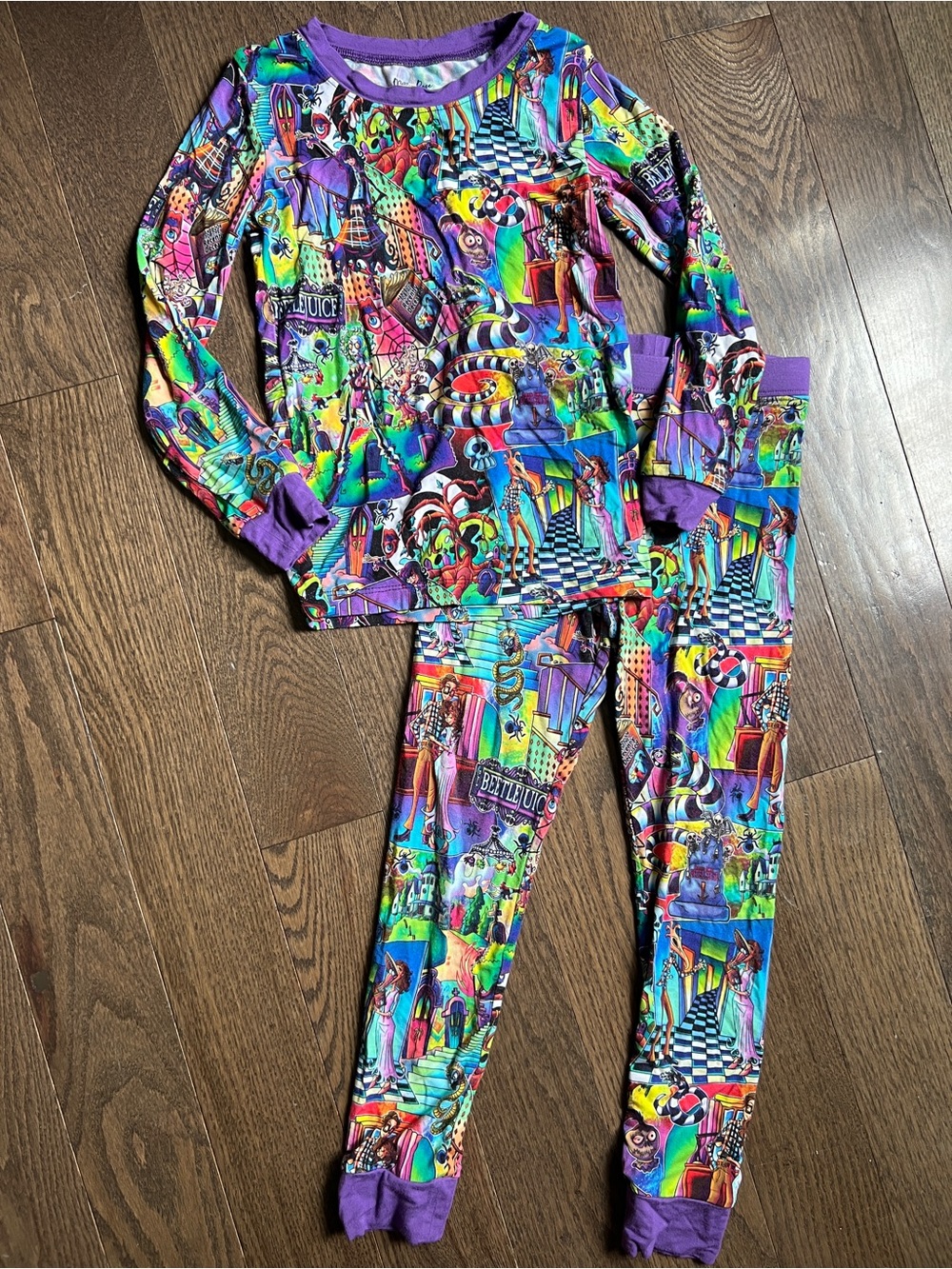 Millie Rose Bamboo Colorful Beetlejuice Graphic Pajama Set with Purple Trim 4T